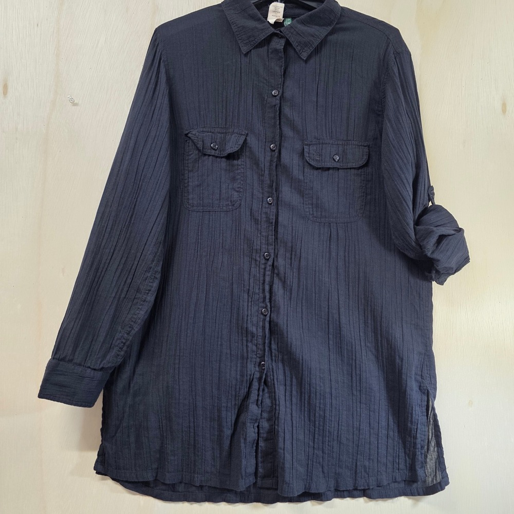 Lauren Ralph Lauren Black Cotton Gauze Roll Tab Beach Cover Up Shirt Medium - Picture 2 of 15